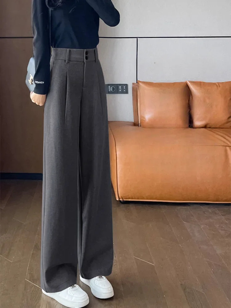Maid Office Autumn Winter Work Custom Womens Dress Pants Coarse tweed Wide Legs Waist Aesthetic Trend 2024 Harajuku 241202