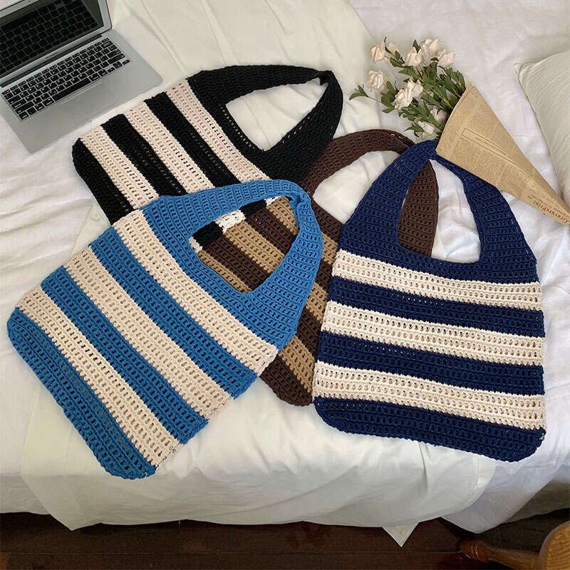 Ladies' Woven With Niche Design, Striped Knitted Bag, Simple Hollow Out Hand-Held Shoulder Bag B2