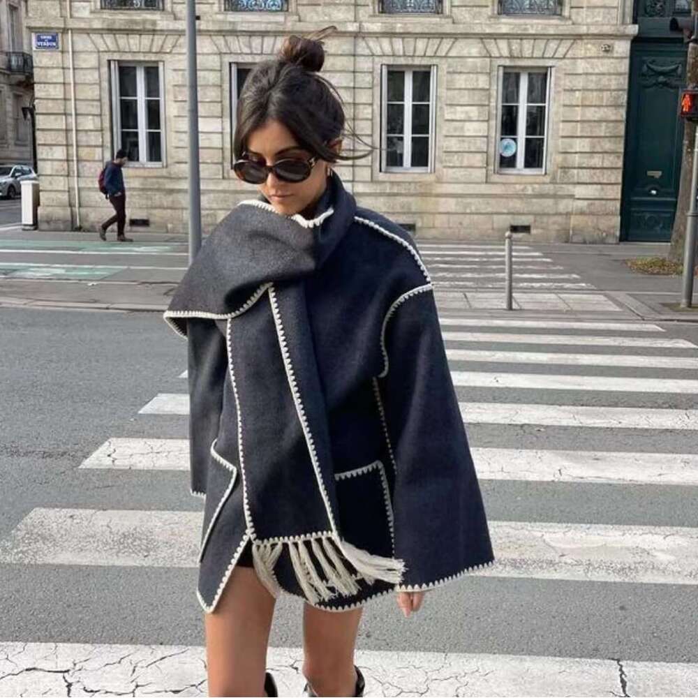autumn winter products European and American women's street fashion scarf decoration splicing woolen coat W063 2788 2024 temperament versatile ne