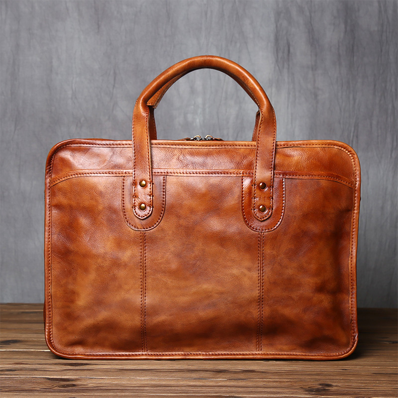 NZPJ Retro Men's Briefcase Top Layer Cowhide Handbag Travel Handmade Leather Laptop Business Shoulder Crossbody Bag
