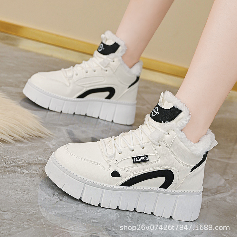 2024 winter velvet high top white shoes new Korean version ins female student sports board shoes casual versatile cotton shoes