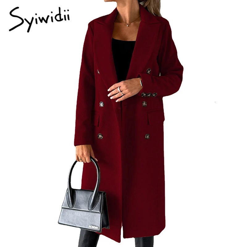 Syiwidii 2024 Autumn Winter Wool Coat Women Elegant Lapel Double Breasted Long Outerwear Casual Solid Slim Chic Lady Streetwear 241121