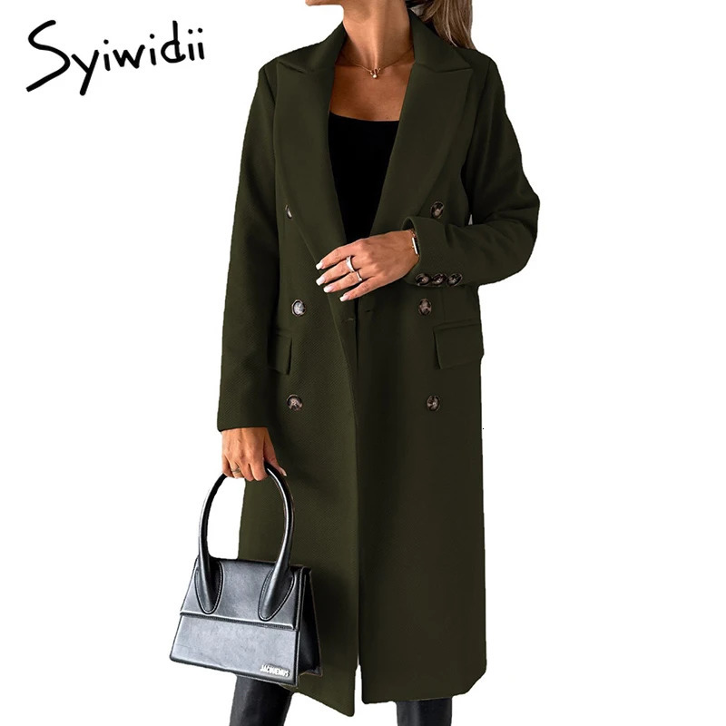 Syiwidii 2024 Autumn Winter Wool Coat Women Elegant Lapel Double Breasted Long Outerwear Casual Solid Slim Chic Lady Streetwear 241121