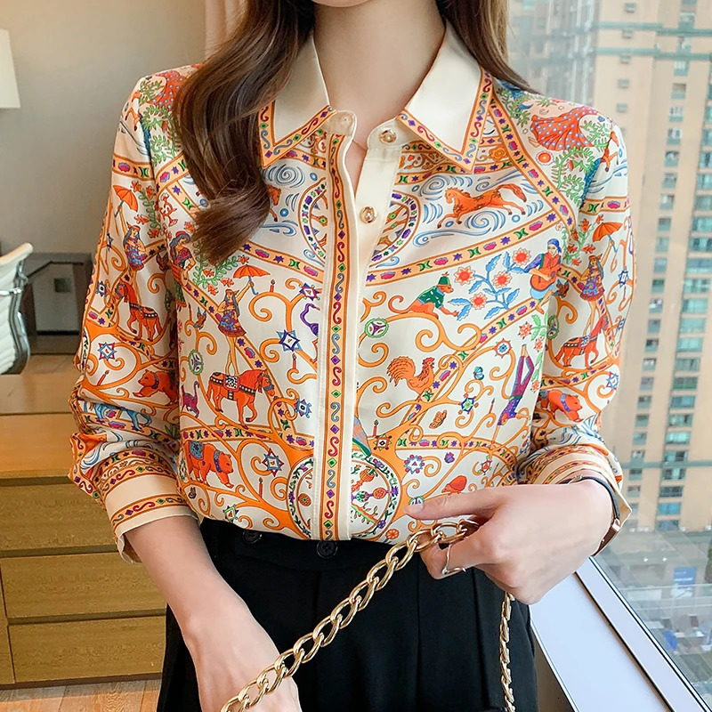 Fashion flower print ladies shirts Womens Blouses Spring Autumn Long Sleeve Shirts Tops Blusas Mujer 241202