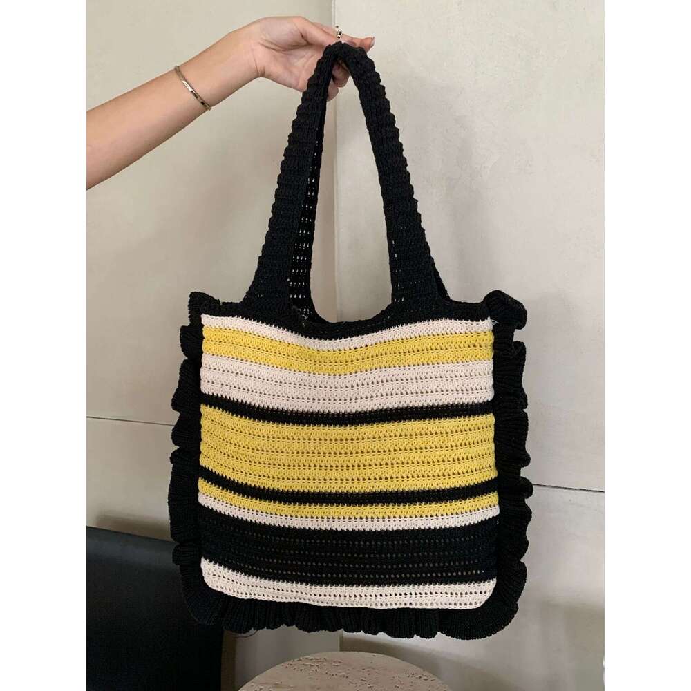 New Retro Knitted Hand Woven Tote Woolen Women's Hand-Held Shoulder Bag, Shopping Bag B2