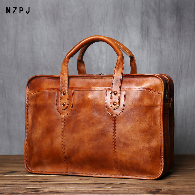 NZPJ Retro Men's Briefcase Top Layer Cowhide Handbag Travel Handmade Leather Laptop Business Shoulder Crossbody Bag