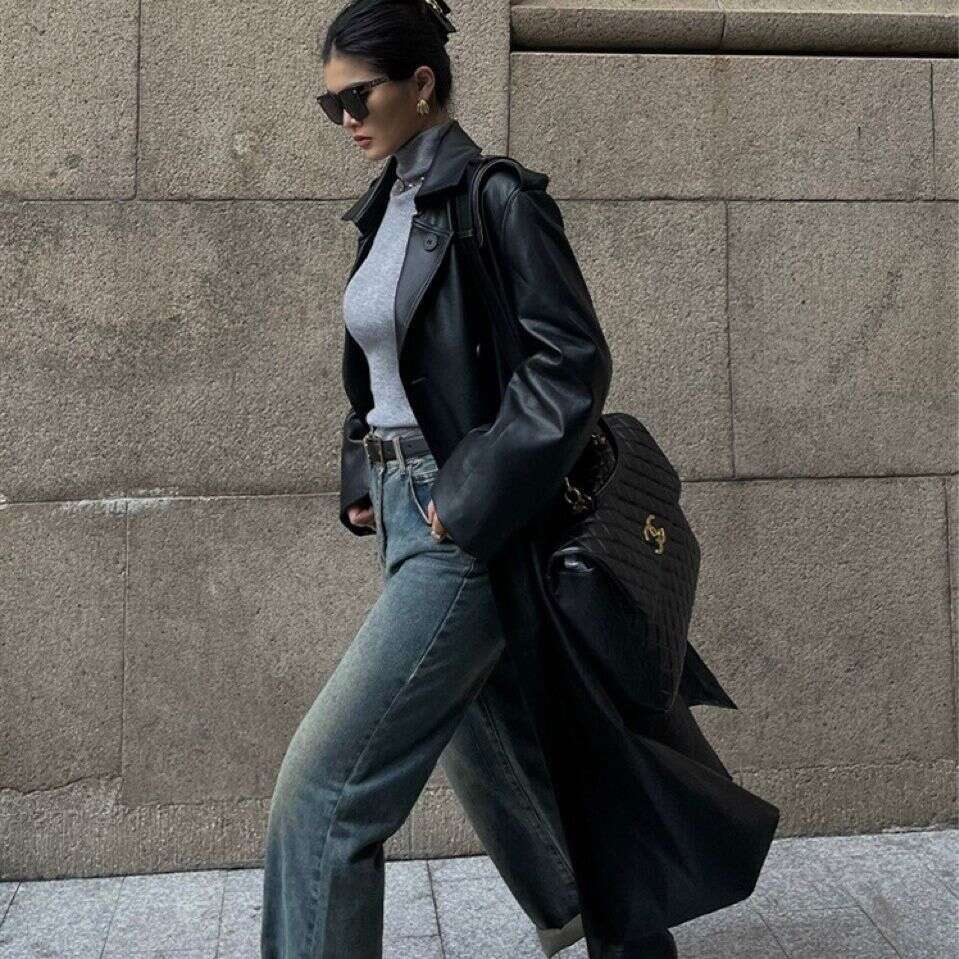 Black brown retro mid knee length PU jacket high-end feel women's spring autumn season, new loose leather windbreaker for 2024, with a unique and