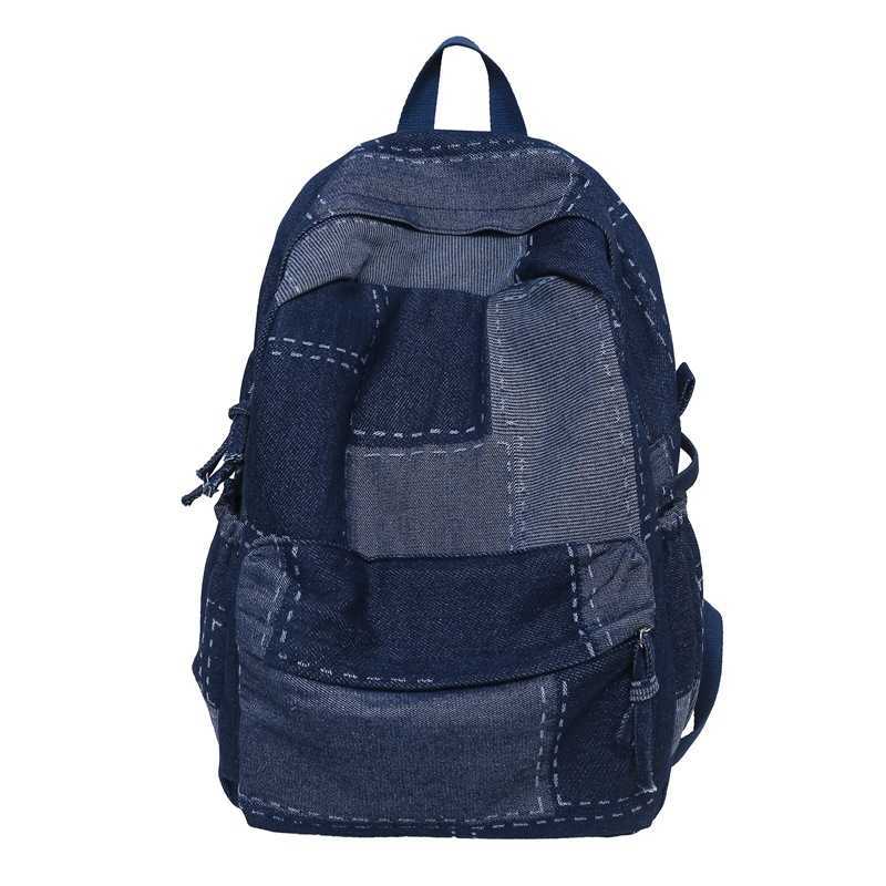 Washed and spliced denim backpack, trendy and versatile for both men and women, lightweight student backpack, travel backpack 241202