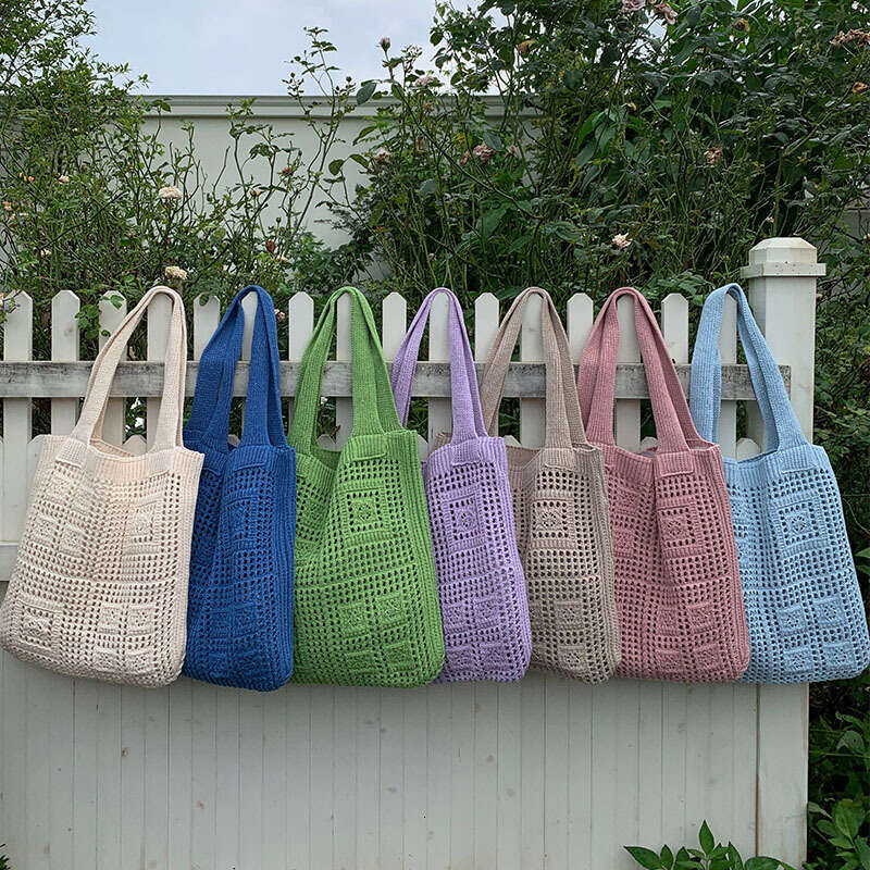 New Retro Mesh Hollow Handmade Knitted Shoulder Woolen Handbag Shopping Bag Women's Bags B2