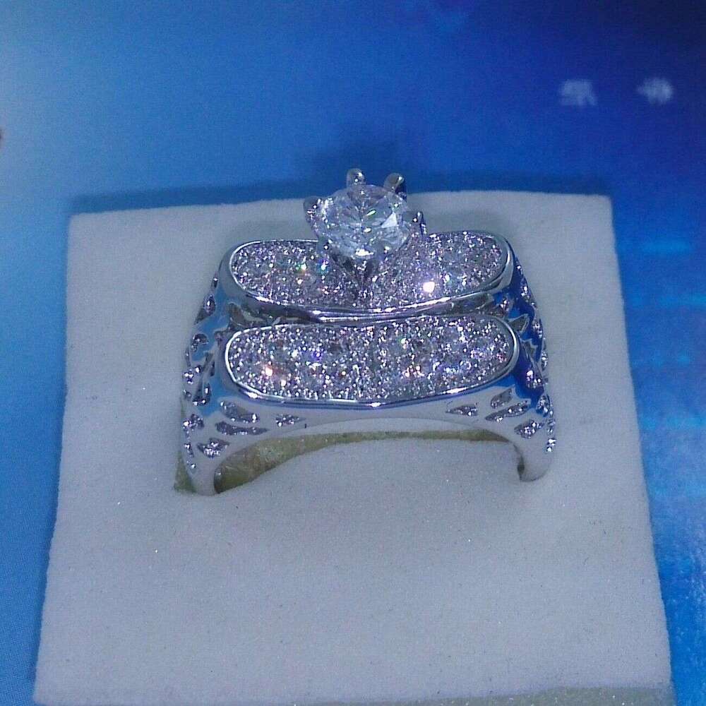 10kt Gold Filled White Topaz CZ Gemstone Bridal Wedding Ring Set (Size 6-10) 87aa