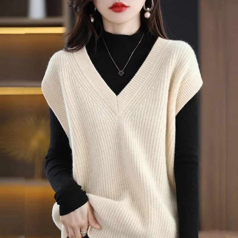 Knitted Jacket Sweater Womens Vest Sleeveless Coat Wool Blended VNeck Pullover Spring Autumn Fashion Top 241121