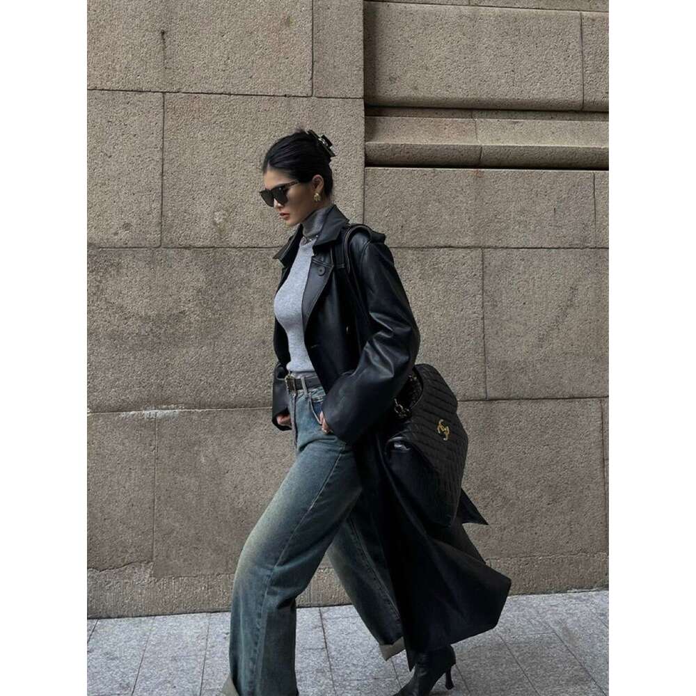 Black brown retro mid knee length PU jacket high-end feel women's spring autumn season, new loose leather windbreaker for 2024, with a unique and