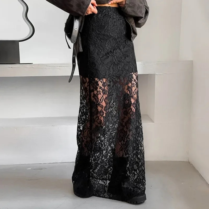 Talenza Black Lace Perspective Skirt Womens Sexy Seam Patchwork Skirt Fashionable Casual Loose High Waist Miao Street Long Dress 241202