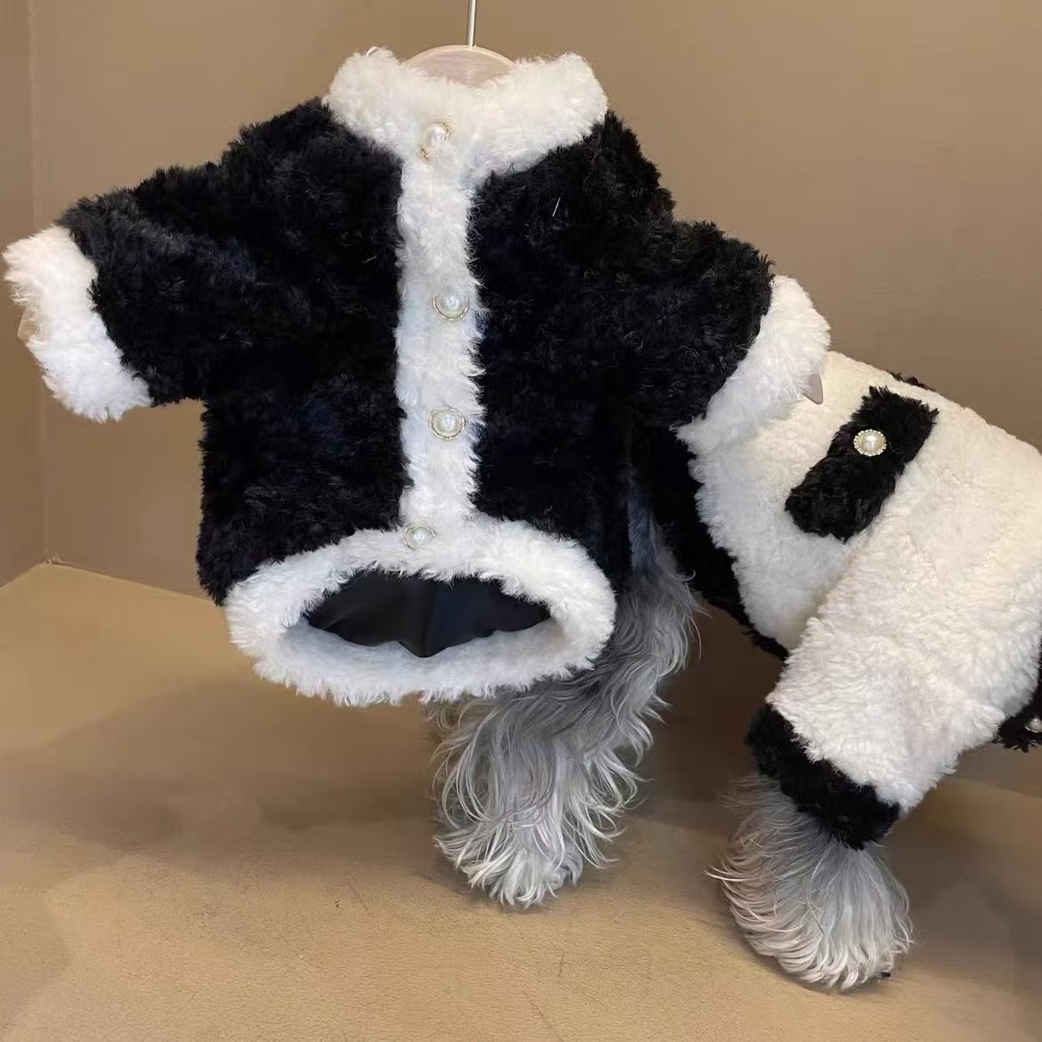 Designer Dog Plush Winter Coat - Luxurious Black & White Pet Outfit for Cold Weather