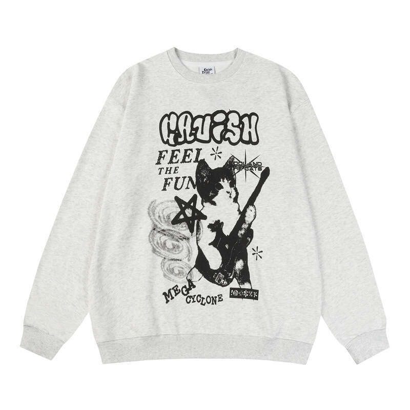 2024 Autumn/Winter Korean Sweet Cool Style Cat Guitar 3D Printed Men's and Women's Round Neck Casual Hoodie