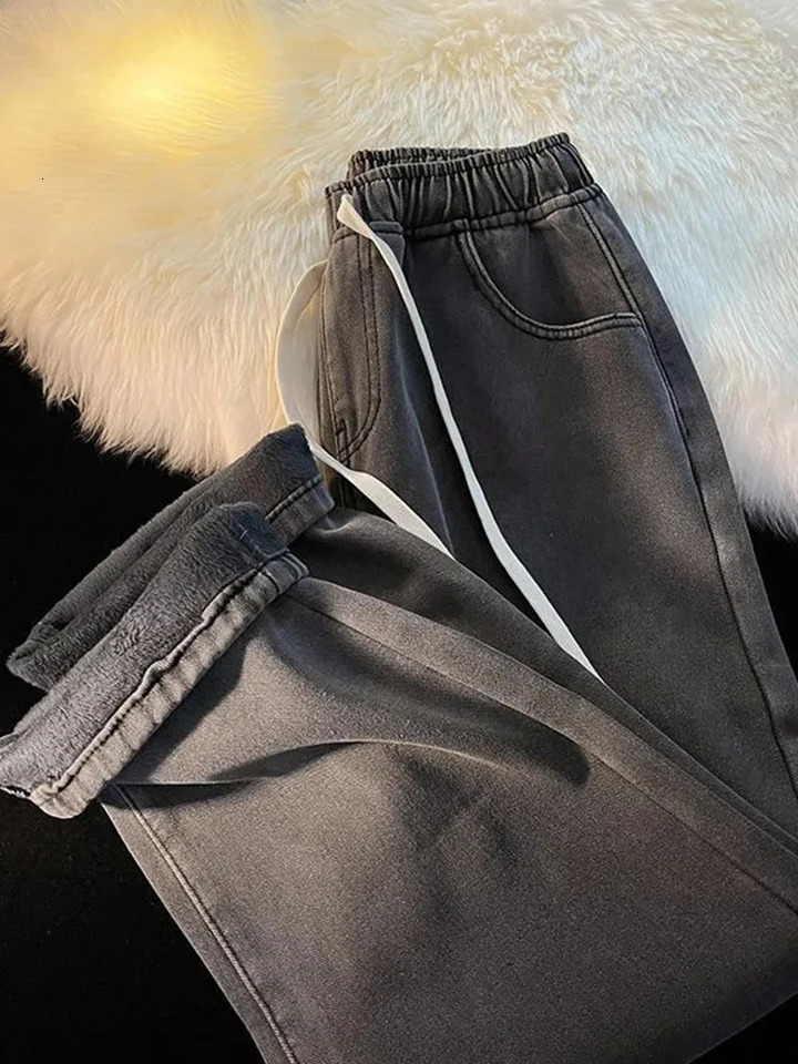 Thicken Warm Velvet Lined Wide Leg Jean Fashion High Waist Washing Vaqueros Fall Winter Classic Snow Wear Women Denim Pants 241121
