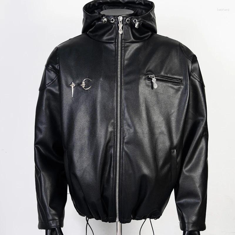 Men's Jackets Thug Club Leather Jacket Korean Streetwear Fall Winter Quilted Cotton Zip-up High Quality Metal Coat