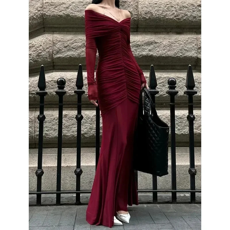 Sexy V-neck Ruched Evening Dress Women Red Retro Long Sleeve Sheer Mesh Fishtail Maxi Long One-piece Formal Party Gown 241202