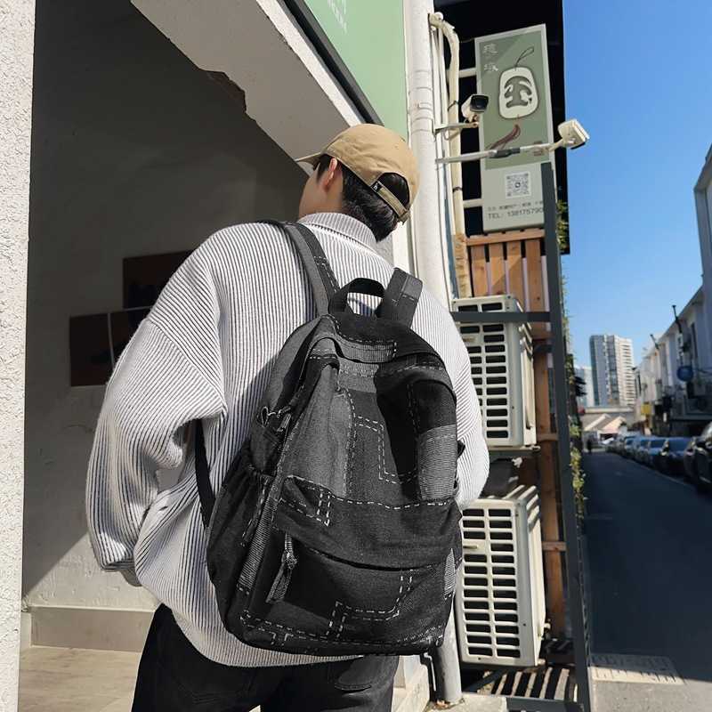 Washed and spliced denim backpack, trendy and versatile for both men and women, lightweight student backpack, travel backpack 241202