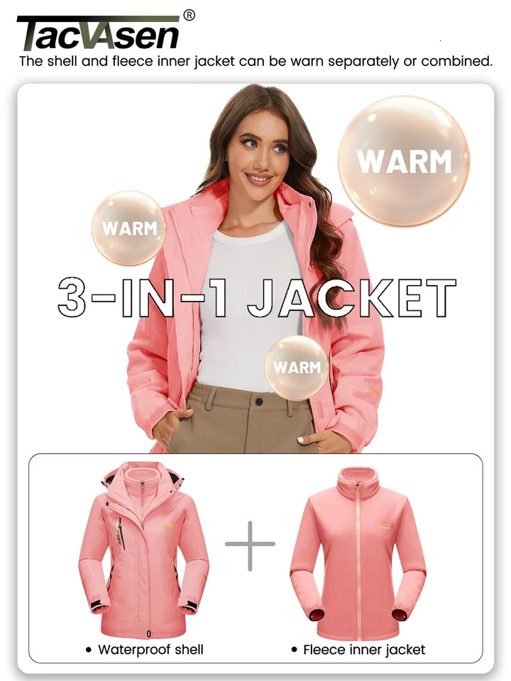 TACVASEN 3 in 1 Winter Fleece Jacket Womens Waterproof Ski Snowboard Jackets Work Rain Coat Outdoor Windbreaker Female Parka 241120