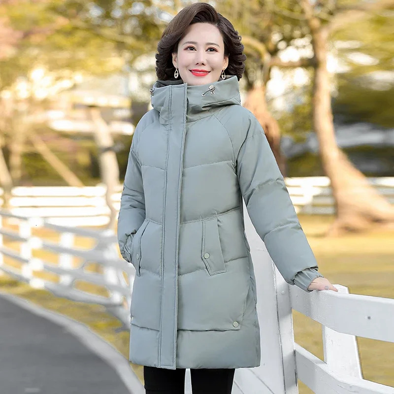 Winter Cotton padded Jacket Hooded solid color fleece thick Parkas Warm Loose Long Overcoat middle aged and Grandma Snow Coat 241120