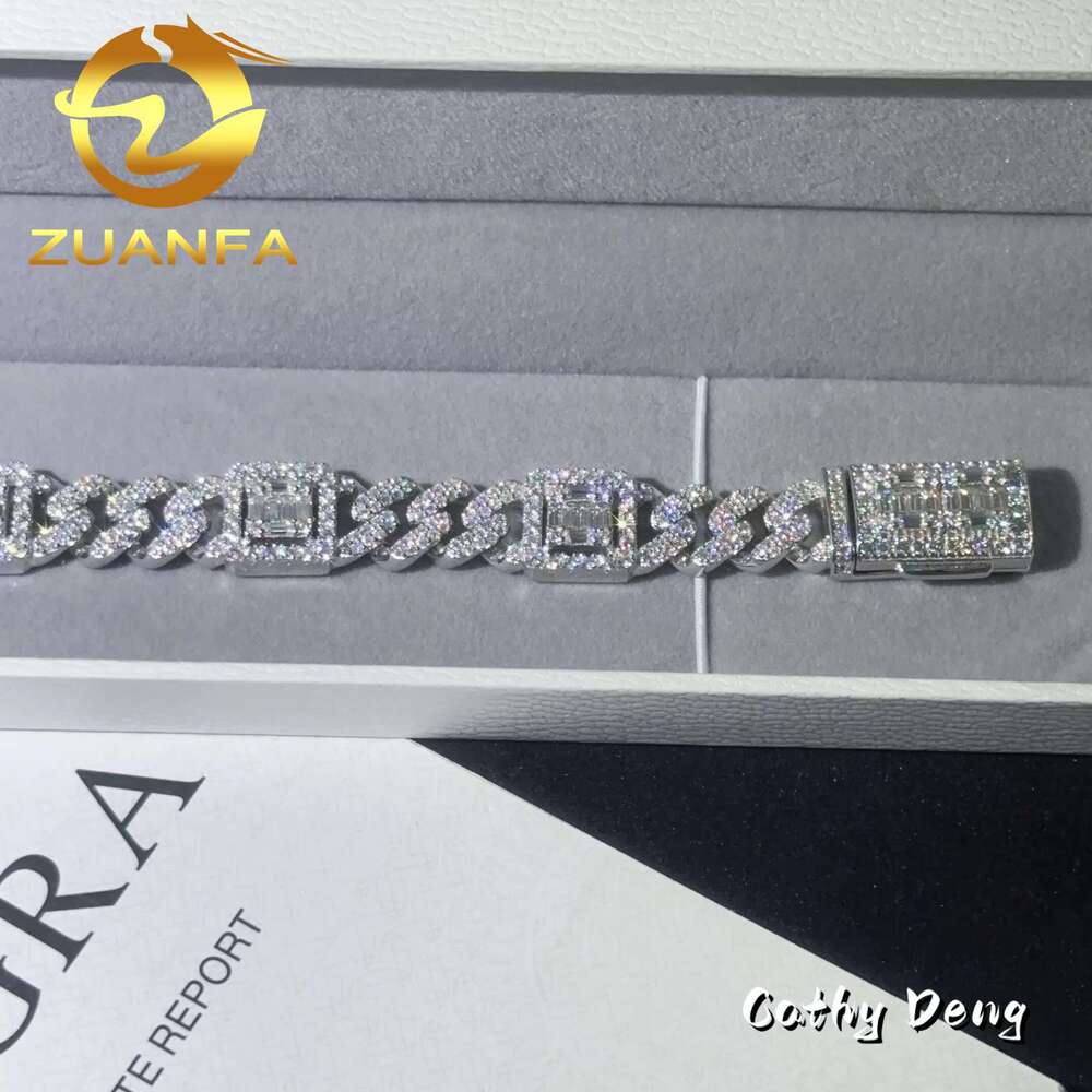 Zuanfa Jewelry Hip Hop Chain Gold Plated VVS Moissanite Baguette 12Mm Cuban K Bracelet Sier Men Bracelet