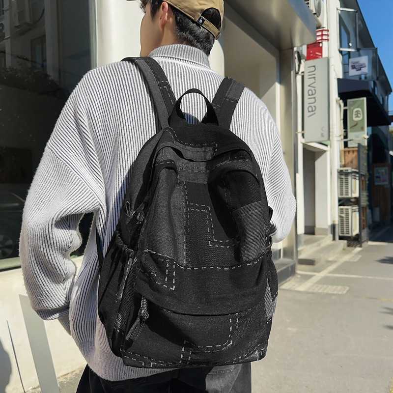 Washed and spliced denim backpack, trendy and versatile for both men and women, lightweight student backpack, travel backpack 241202