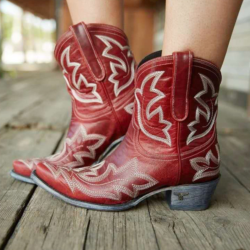 Boots Autumn Winter Casual Western Cowboy Ankle Women Leather Cowgirl Short Cossac Pointed Thick High Heel Shoes Large Size 43 220914