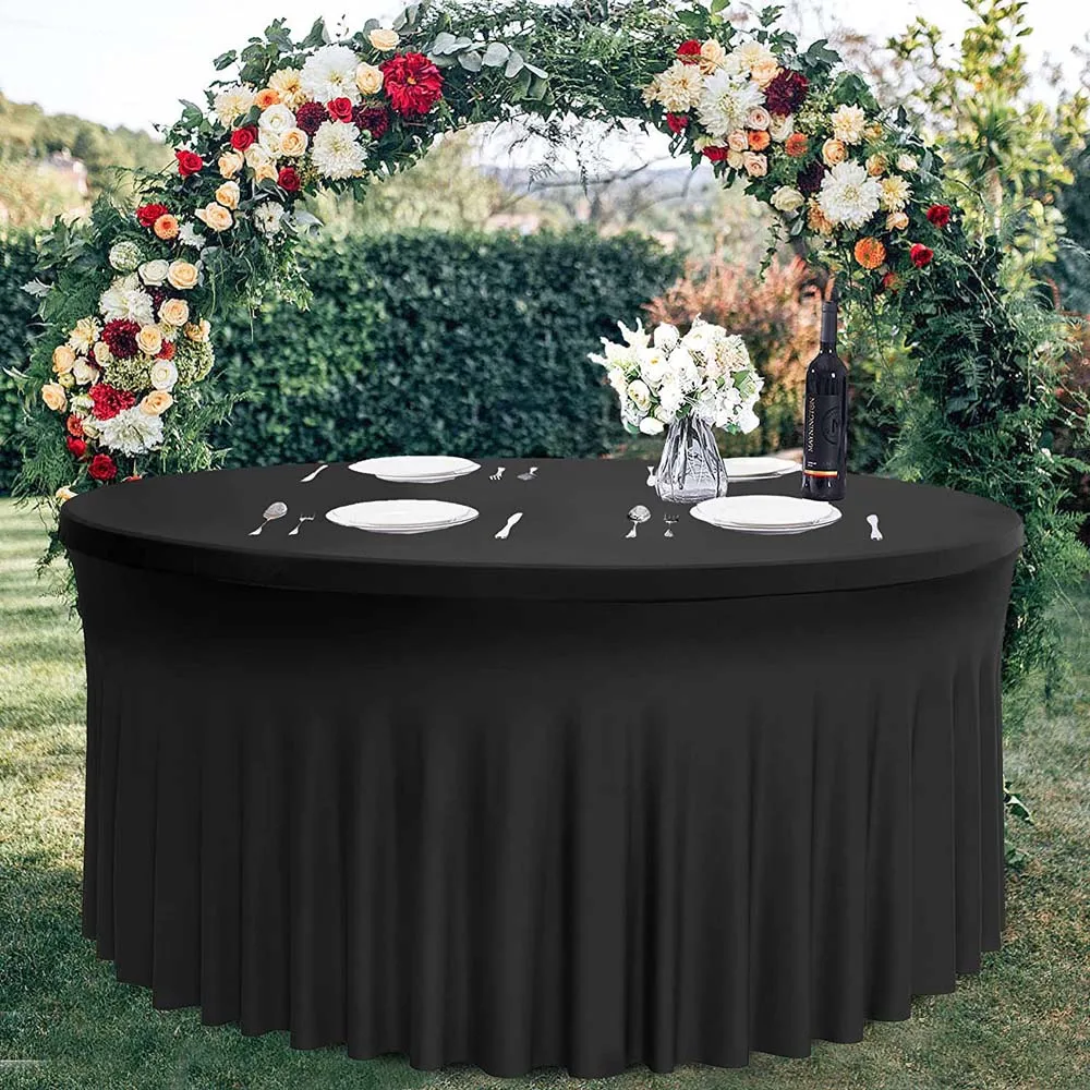 Rectangle/Round Stretch Skirt Hotel Outdoor Birthday Banquet Party Table Cover Black White Spandex Elastic Tablecloth 33