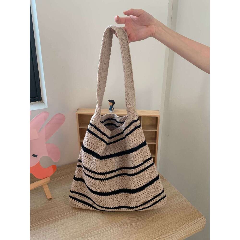 Japanese And Korean Simple Cross-Border Knitted Striped Woven Bag Women's High-End Niche Versatile Yarn Shoulder Bags B1
