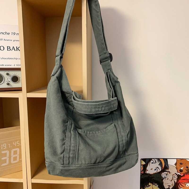 Large capacity canvas bag for women, Korean version, artistic style, simple and lazy style, versatile shoulder bag, student class bag, crossbody bag 2