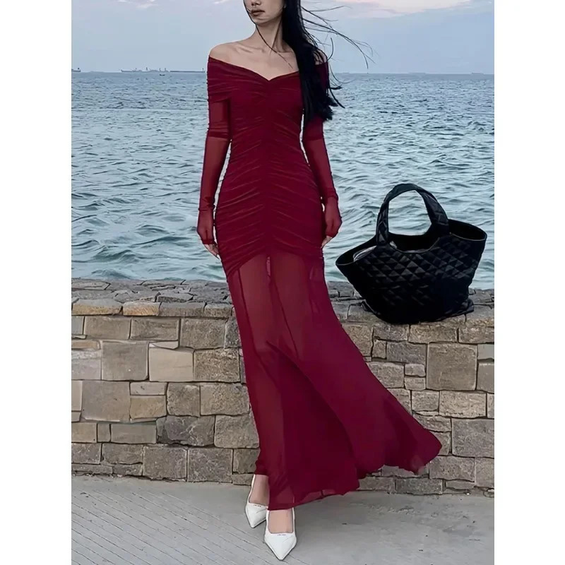 Sexy V-neck Ruched Evening Dress Women Red Retro Long Sleeve Sheer Mesh Fishtail Maxi Long One-piece Formal Party Gown 241202