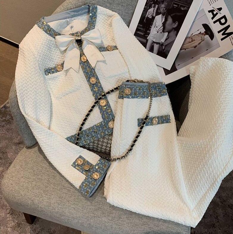 High end Womens niche two-piece clothing set Designer casual set Cardigans jacket+ wide leg pants womens age reducing spring and autumn French style design clothes