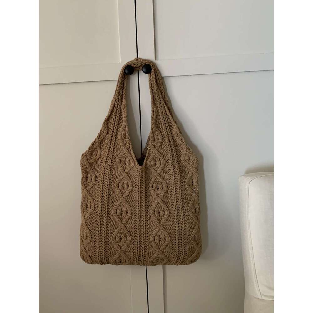 Vintage Handmade Woolen Knitted Tote Versatile Shoulder Bag Women's Handbag Shopping Bags B1