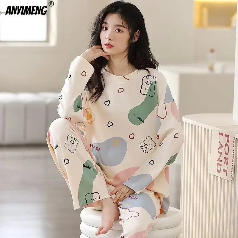 M-5XL Large Autumn Spring Pajama Set Kawaii Womens Printed Pajama Fashion Long Sleeve O-neck Womens Pajama 241130