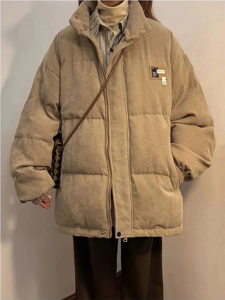 Retro Corduroy Parkas for Women Y2K Winter Streetwear Oversized Thick Warm Puffer Coats Bf Korean Loose Pockets Cotton Outerwear 241120