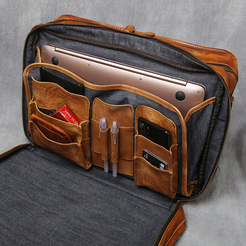 NZPJ Retro Men's Briefcase Top Layer Cowhide Handbag Travel Handmade Leather Laptop Business Shoulder Crossbody Bag