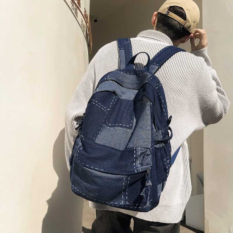 Washed and spliced denim backpack, trendy and versatile for both men and women, lightweight student backpack, travel backpack 241202