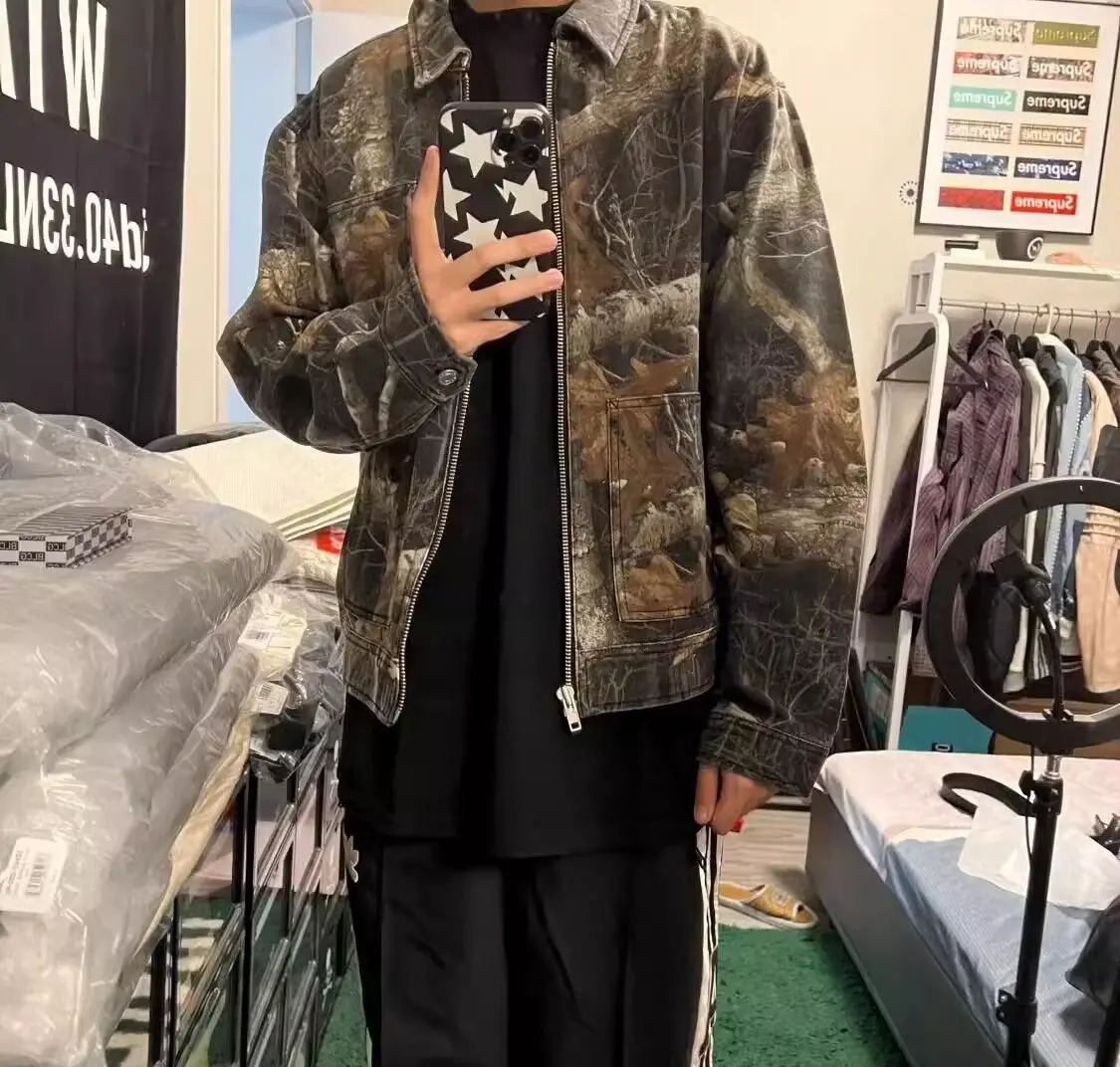 American hip-hop street mens and womens fashion trend personalized camouflage denim jacket for couples slim and suitable for Harajuku Y2K casual top 2