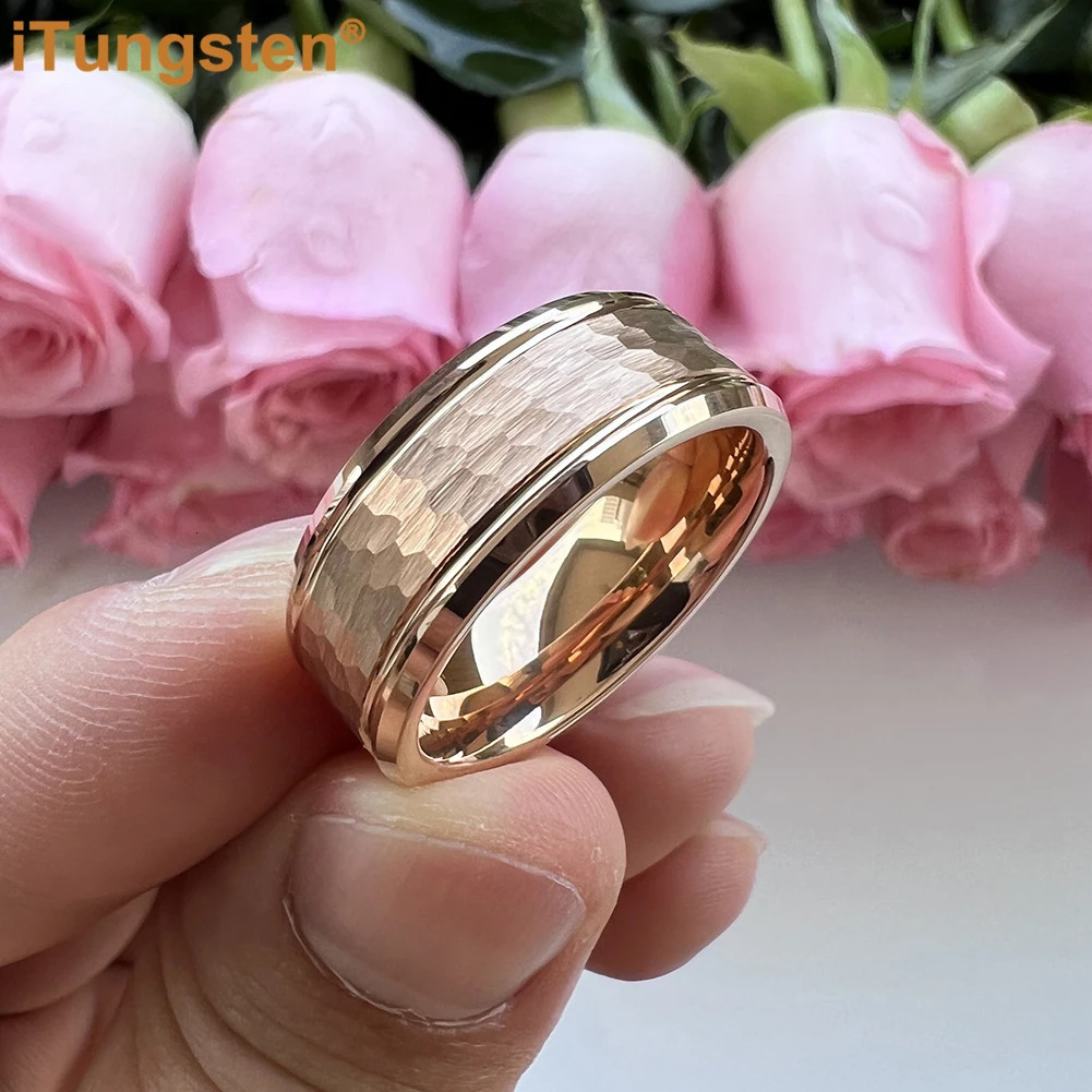 iTungsten 8mm Hammered Tungsten Carbide Ring Men Women Engagement Wedding Band Trendy Jewelry Beveled Edges Comfort Fit 241202