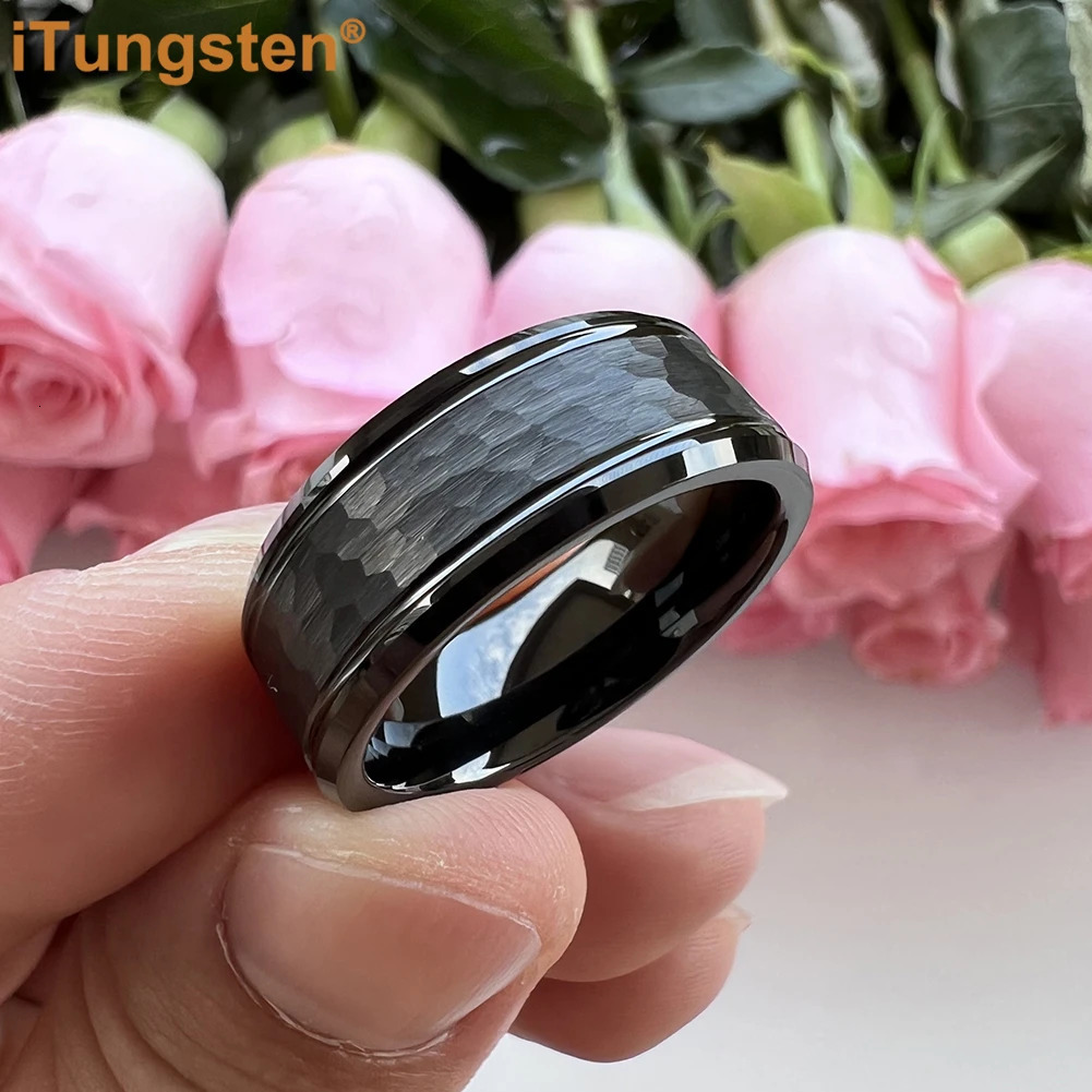 iTungsten 8mm Hammered Tungsten Carbide Ring Men Women Engagement Wedding Band Trendy Jewelry Beveled Edges Comfort Fit 241202