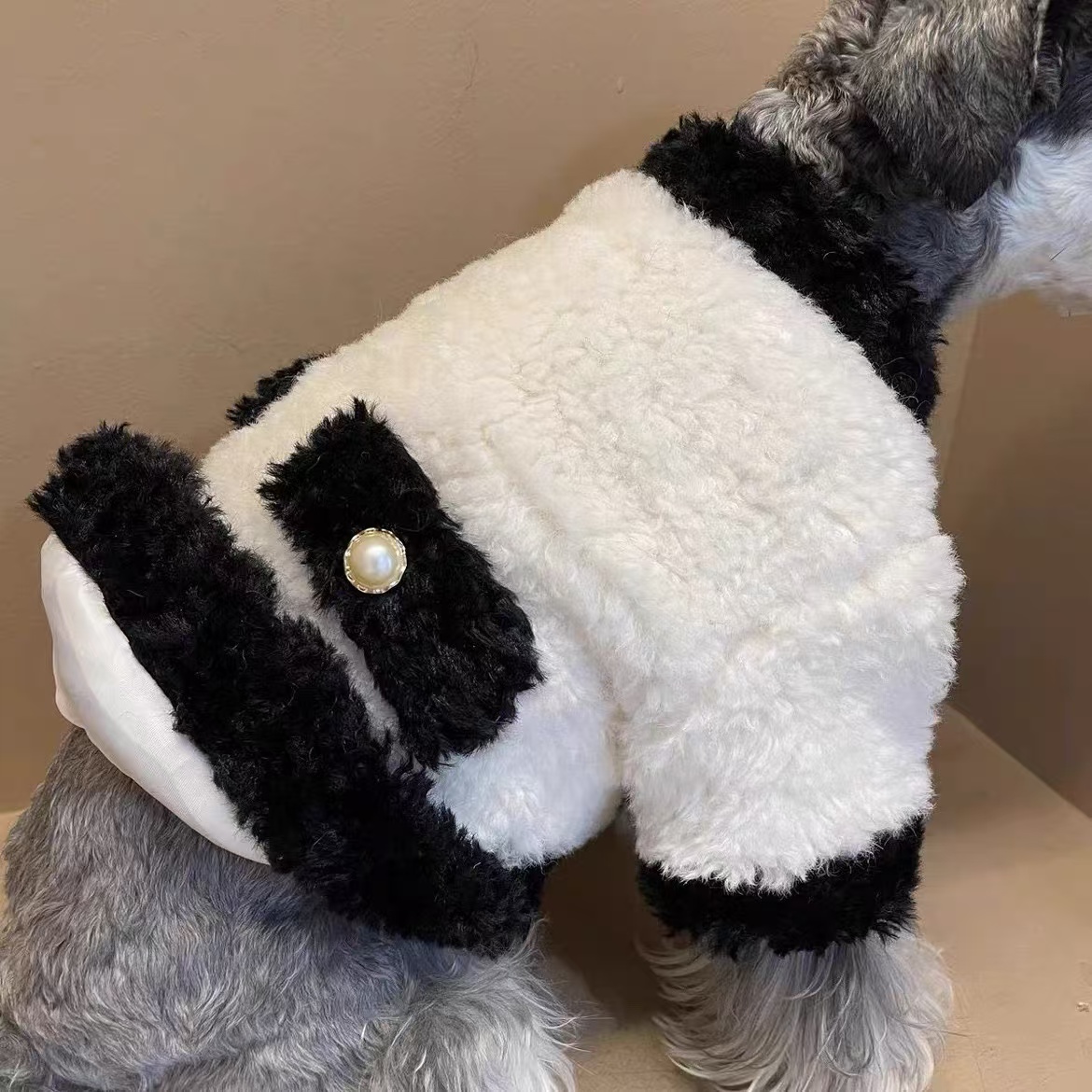 Designer Dog Plush Winter Coat - Luxurious Black & White Pet Outfit for Cold Weather