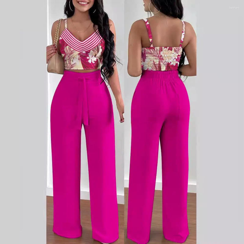 Womens Two Piece Pants 2 Clothes For Women Summer Sexy Sleeveless Polyester Print Top Pant Matching Sets Outfits C