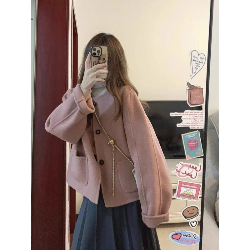 Korean Style Short Thickened Woolen Suit Jacket For Women Fashionable Autumn Winter Arrival Small Size Elegant Coat 241121