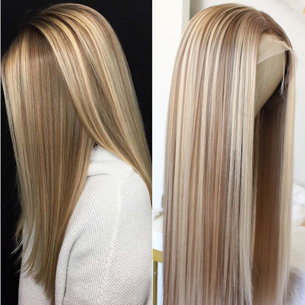 Brown 13X4 Front Long Straight Synthetic Wigs For Women Middle Part Highlight Blonde Balayage Lace Wig