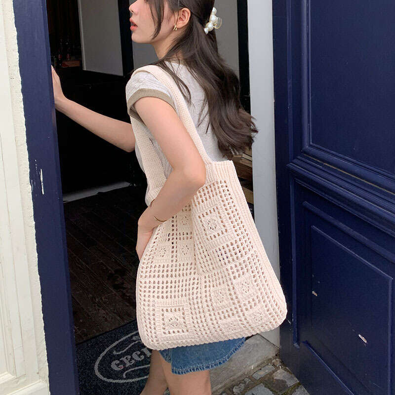 New Retro Mesh Hollow Handmade Knitted Shoulder Woolen Handbag Shopping Bag Women's Bags B2