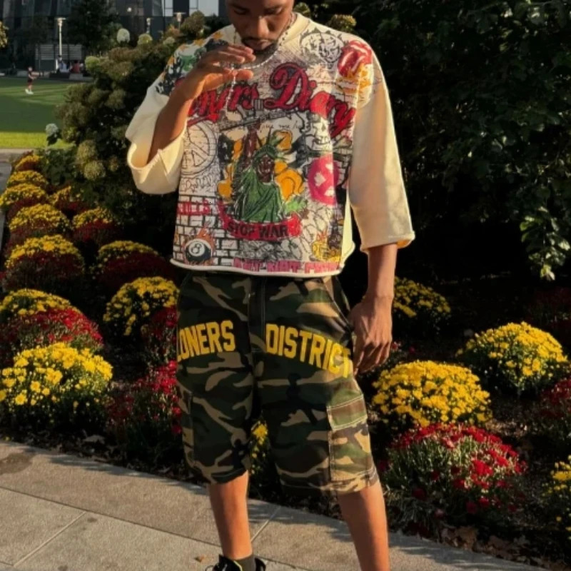 streetwear Y2K fashion hip-hop graffiti pattern shirt printing Harajuku retro oversized loose T-shirt couple top 241202
