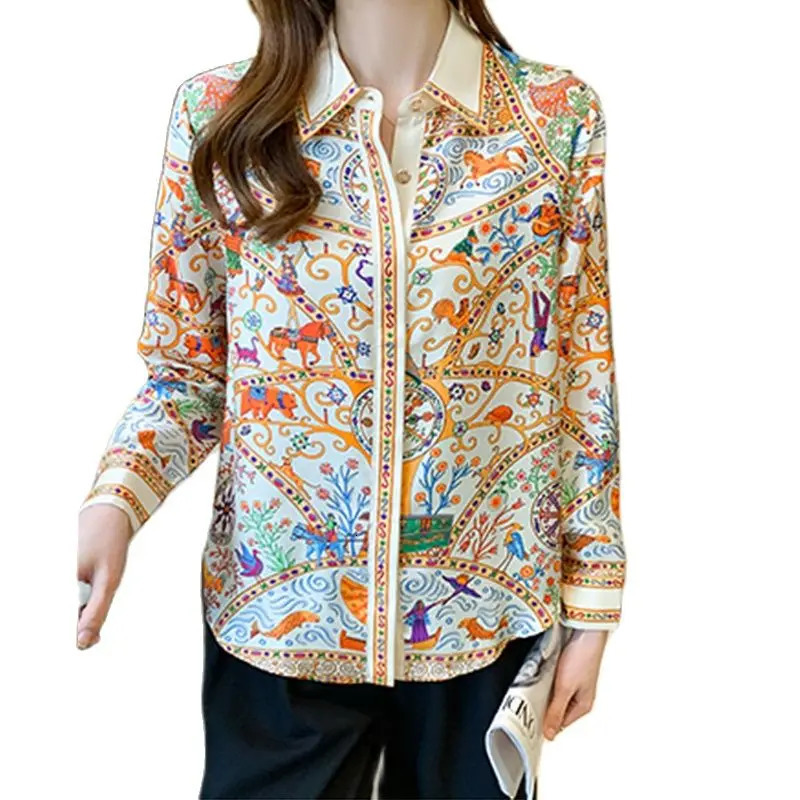 Fashion flower print ladies shirts Womens Blouses Spring Autumn Long Sleeve Shirts Tops Blusas Mujer 241202