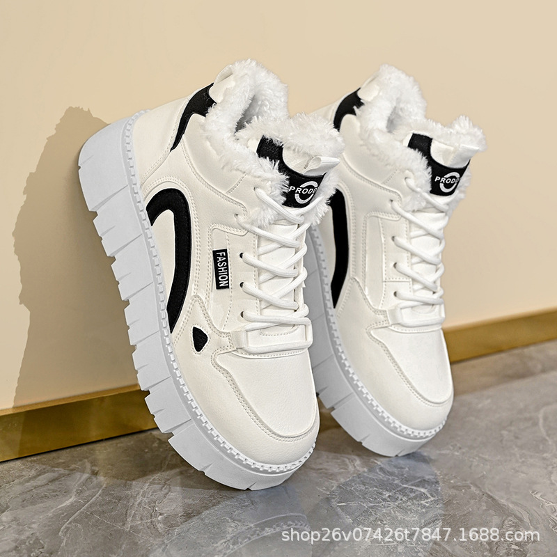 2024 winter velvet high top white shoes new Korean version ins female student sports board shoes casual versatile cotton shoes
