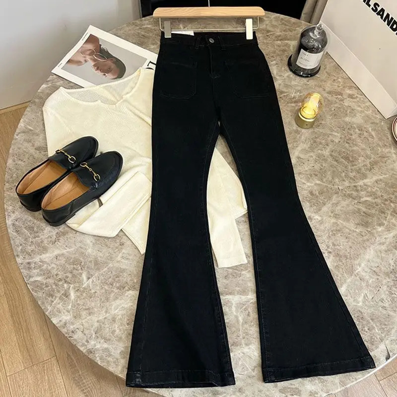 High Waist Trousers Loose Washed Jeans Pockets Slim Denim Flare Classic Women Vintage Stretch Straight Allmatch 241121